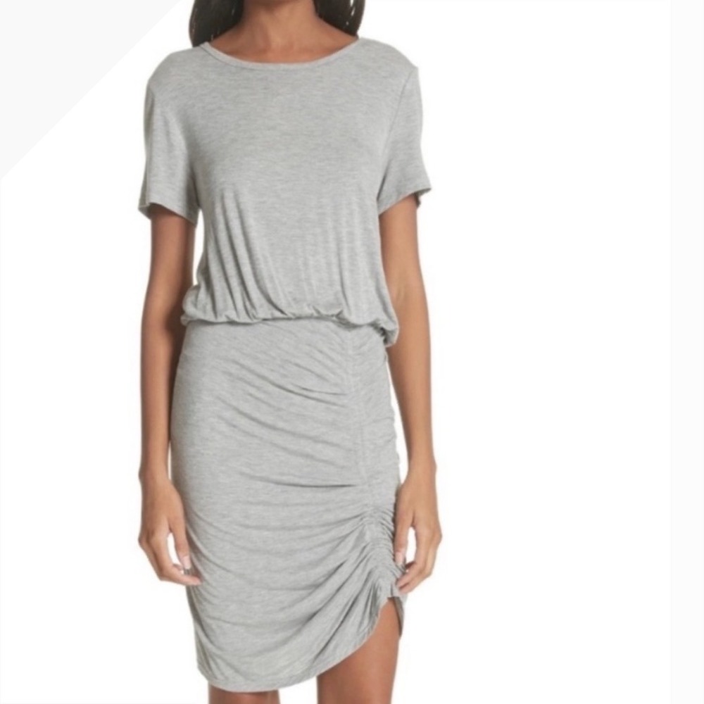Asymmetrical Ruched Short-Sleeve Dress in Light Gray